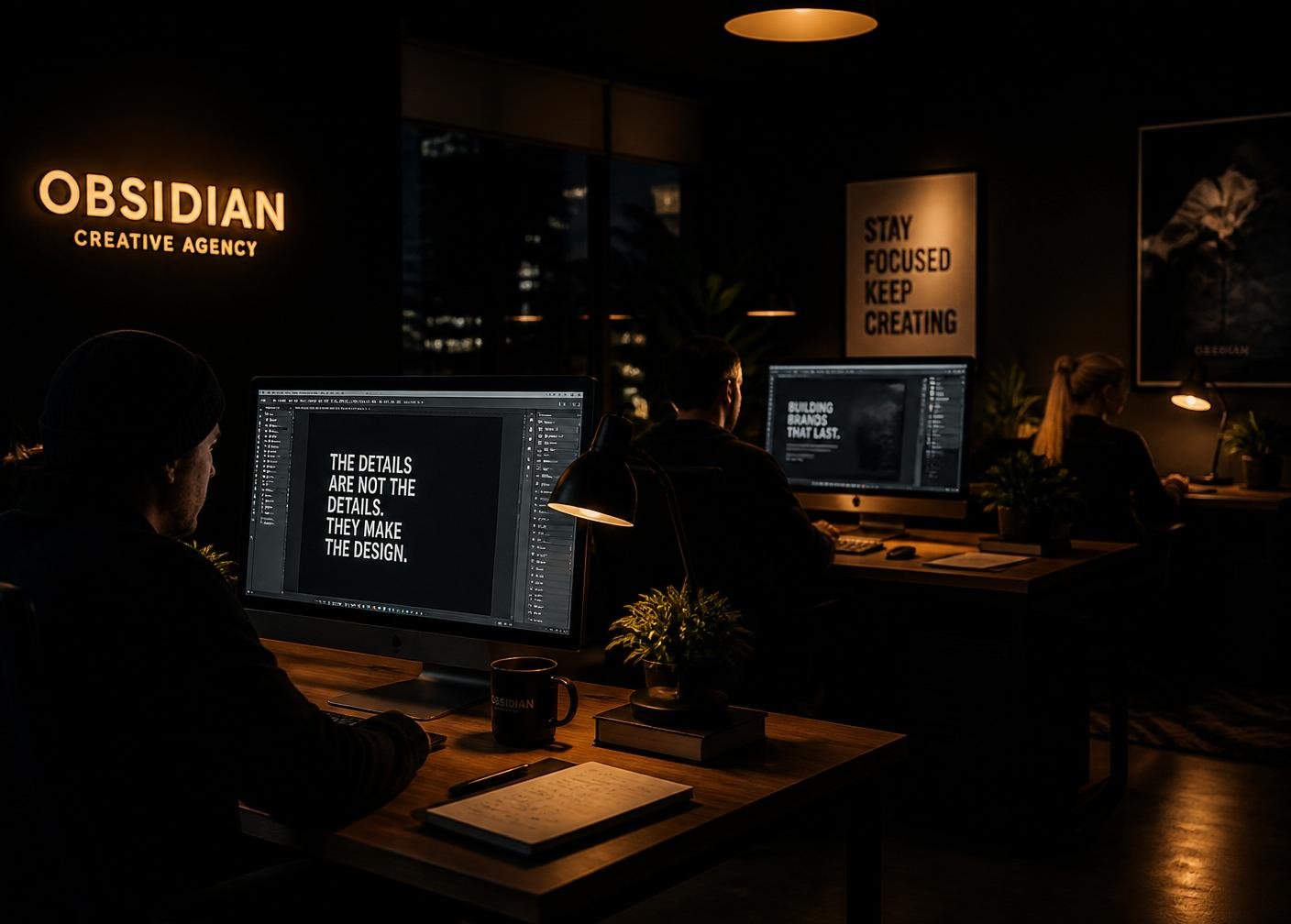 The Adplot studio at night, designers working under warm light